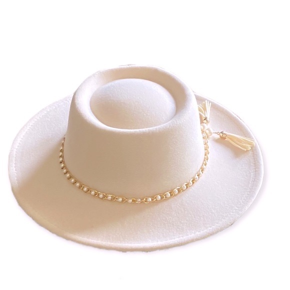 Wide Brim Round Crown Gold Tassels Band Fedora Boater Hat - Picture 4 of 4